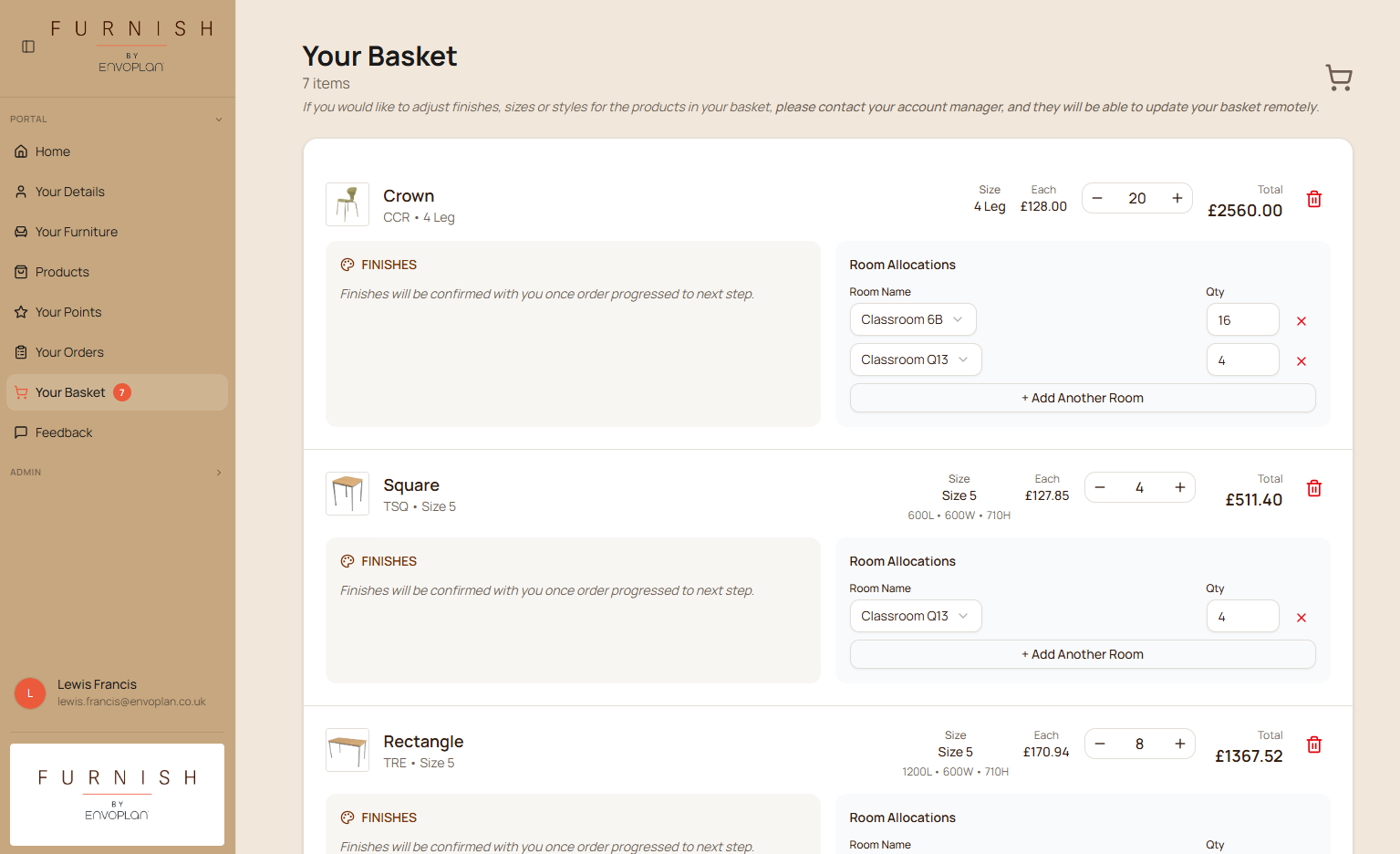 Your Basket with Room Allocations